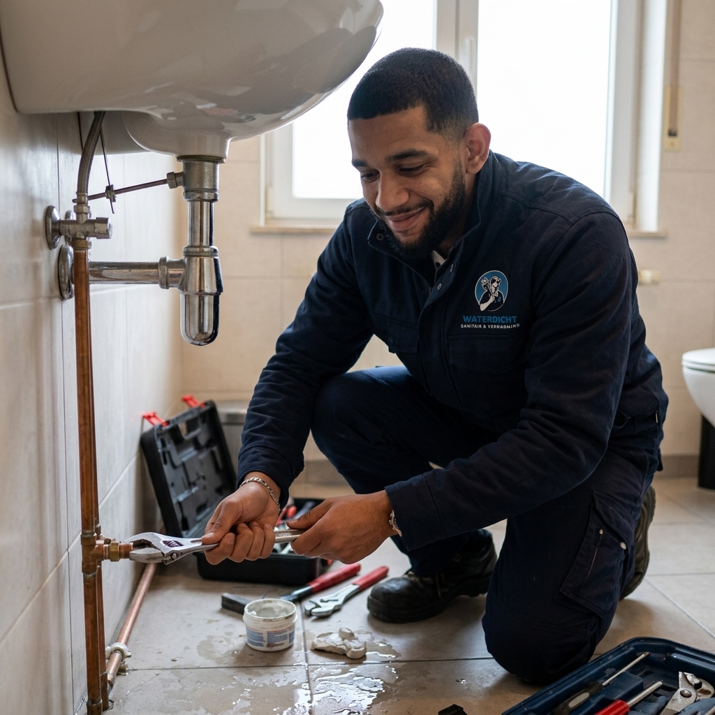 Loodgieter installeert sanitair onder lavabo