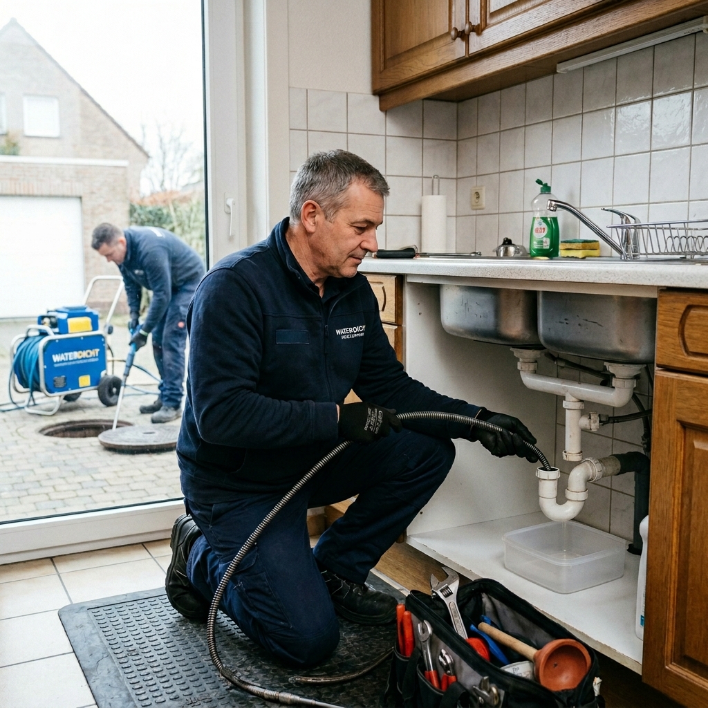 Technicus ontstopt keukenafvoer met professioneel materiaal