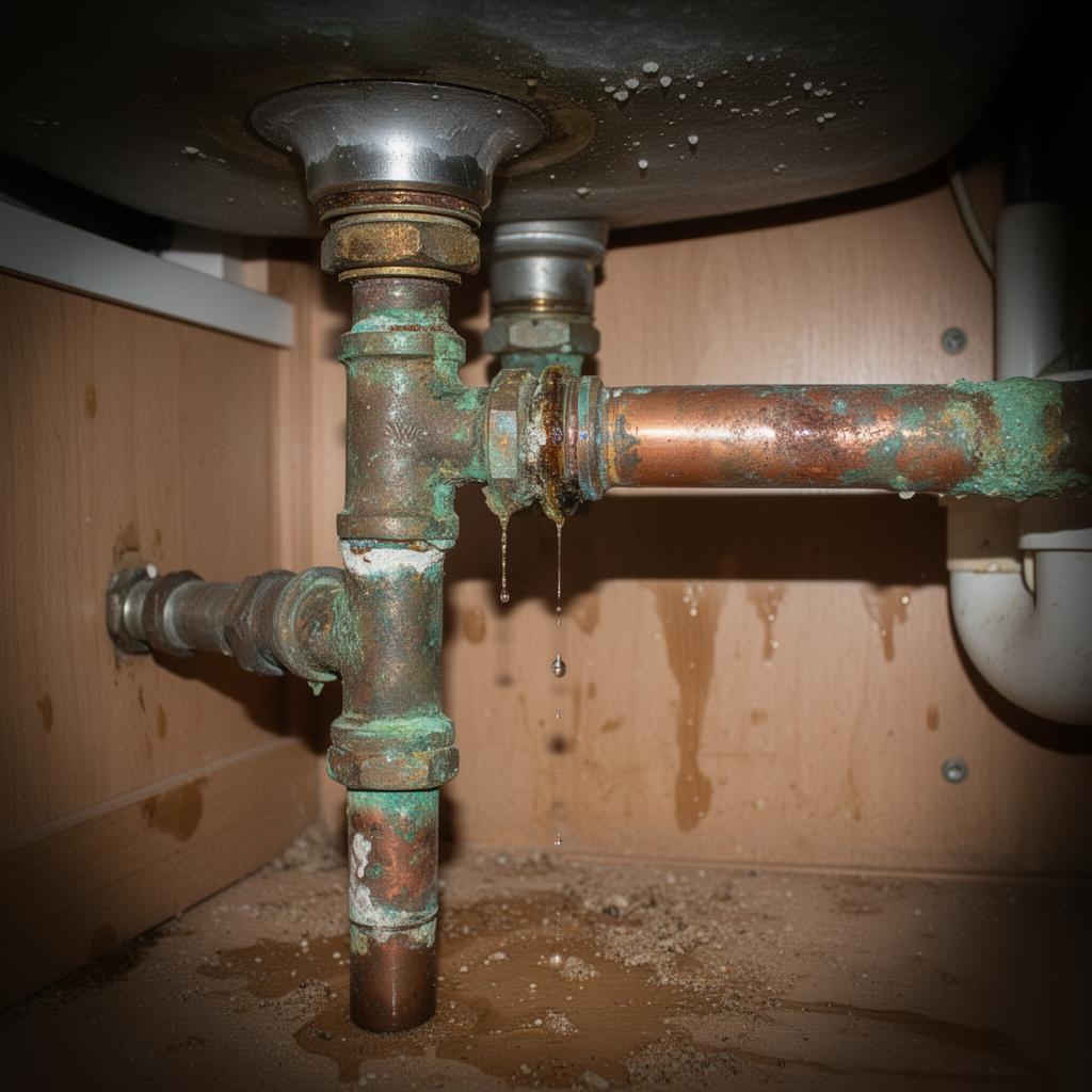 Roestige lekkende leidingen onder gootsteen voor herstelling